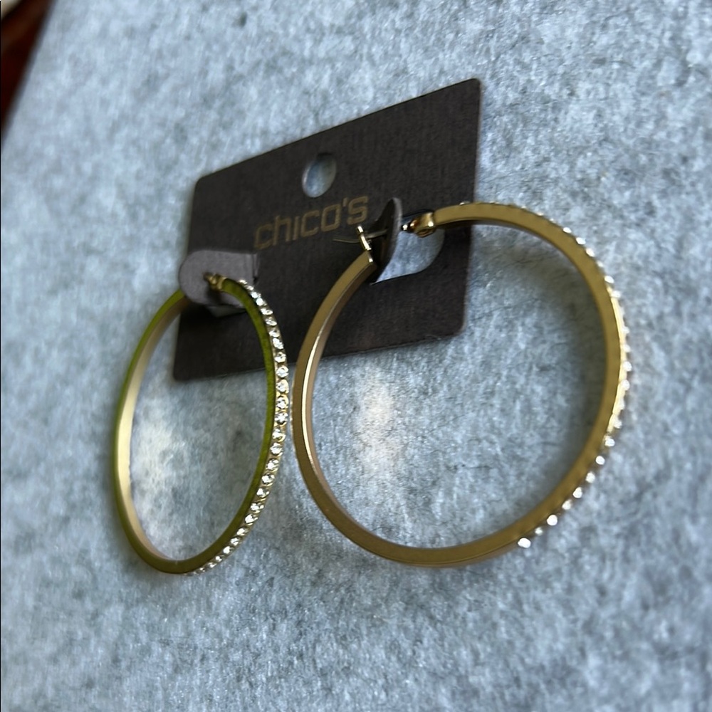 Chico's Distressed Gold Tone With Rhinestine Snap Hoop Earrings - Picture 4 of 11